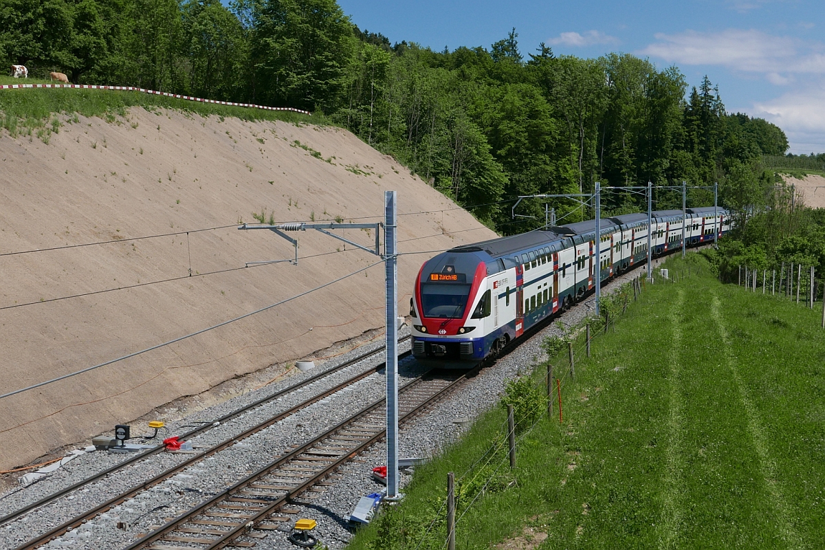 Auf der Fahrt von Konstanz nach Zürich passiert RABe 511 039, am 21.05.2017 unterwegs als IR 2122, bei Unterhard das Ende bzw. den Beginn des zukünftigen, knapp 5 km langen Doppelspurabschnitts zwischen Weinfelden und Berg.