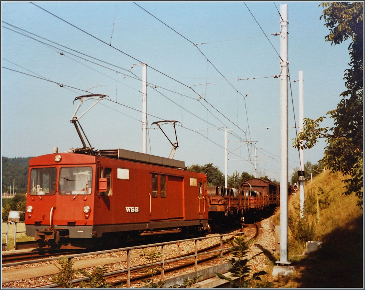 Der WSB De 4/4 44 ist mit zwei Rs und drei Tibs als Extragüterzug 817 von Suhr Gütergleis nach Leimach unterwegs und erreicht Zetzwil. 

18. Juli 1984