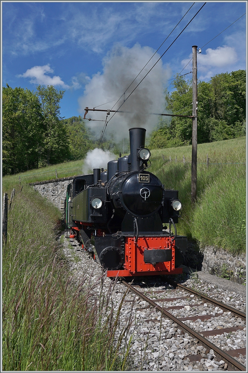 Die Blonay-Chamby G  2x 2/2 105 hat die Baye de Clarens Schlucht verlassen und Dampft nun Conraux entgegen. 

23. Mai 2021