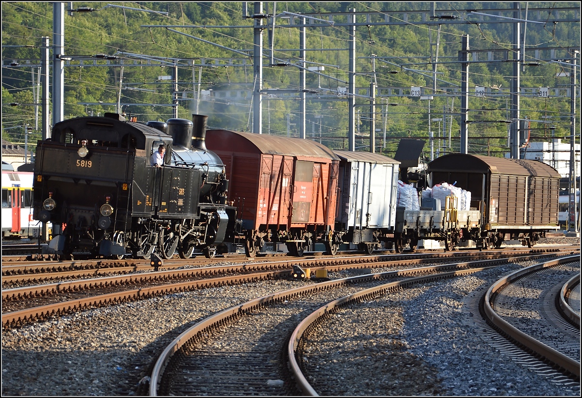Ein Güterzug mit historischem Charme. Habersack Eb 3/3 5819 rangiert in Brugg. Juni 2015.