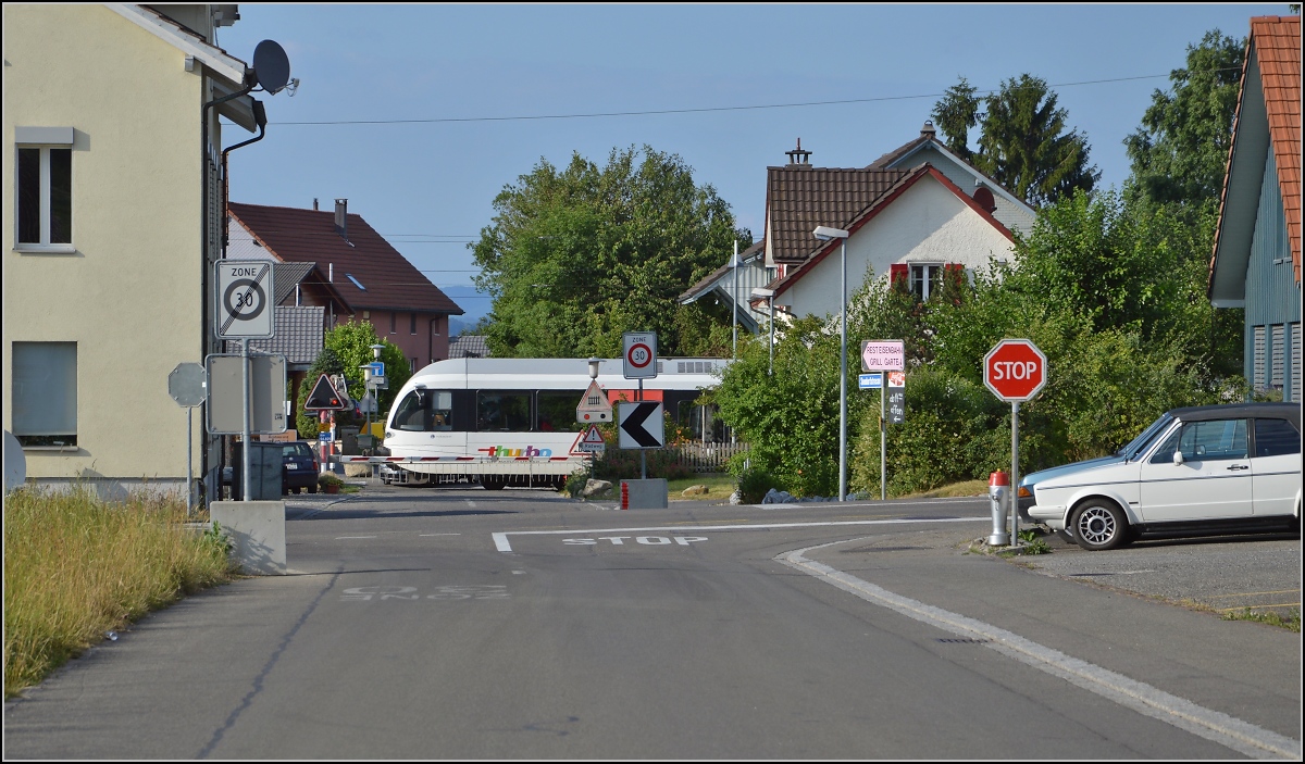 Ins rechte Licht gesetzt macht auch ein GTW was her. 

Thurbo GTW 2/8 in Landschlacht. Juni 2014.