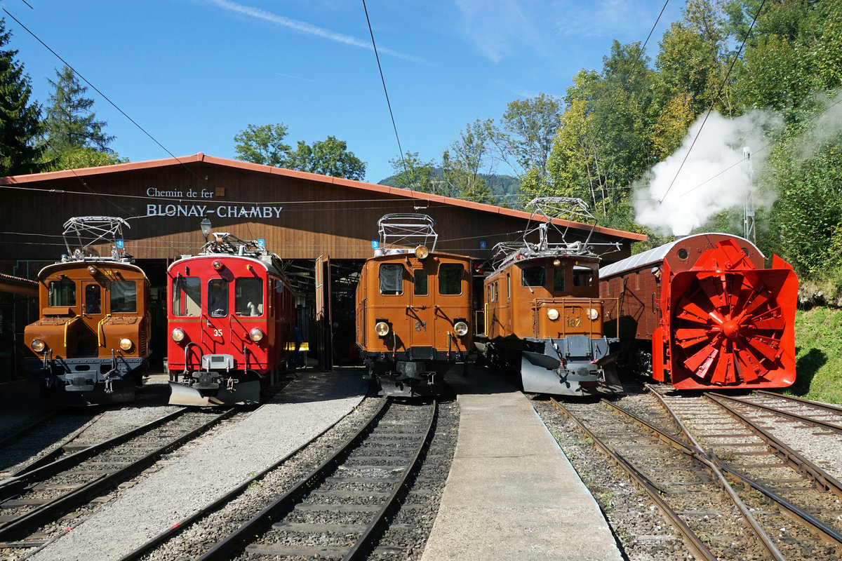 JAHRESRÜCKBLICK 2018
von Walter Ruetsch
Serie Nr. 3
Vom Anfang bis zum Ende der Saison 2018 feierte die Blonay-Chamby-Bahn sein 50 jähriges Bestehen mit einem sehr interessanten und abwechslungsreichen Programm.
Einmalige Fahrzeugparade vor dem Depot-Museum in Chaulin vom 8. September 2018.
Den zahlreichen Festbesuchern wurden folgende RhB-Fahrzeuge präsentiert:
Ge 2/2 161, ABe 4/4 35, Ge 4/4 81, Ge 4/4 182 sowie die Dampfschneeschleuder der Bernina Bahn.


