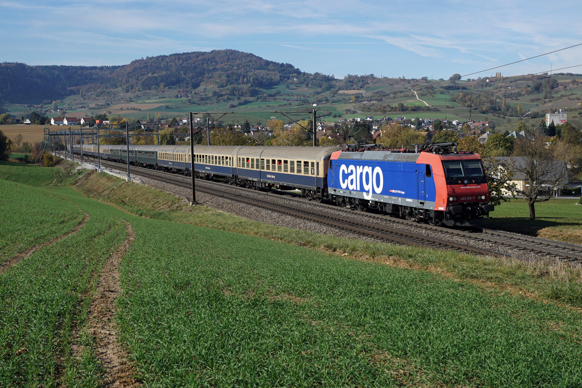 JAHRESRÜCKBLICK 2018
von Walter Ruetsch
Serie Nr. 5
Fanzug von Leverkusen nach Zürich bespannt mit der Re 482 019 von SBB CARGO, vermietet an die deutsche Centralbahn, bei Frick am 25. Oktober 2018.
