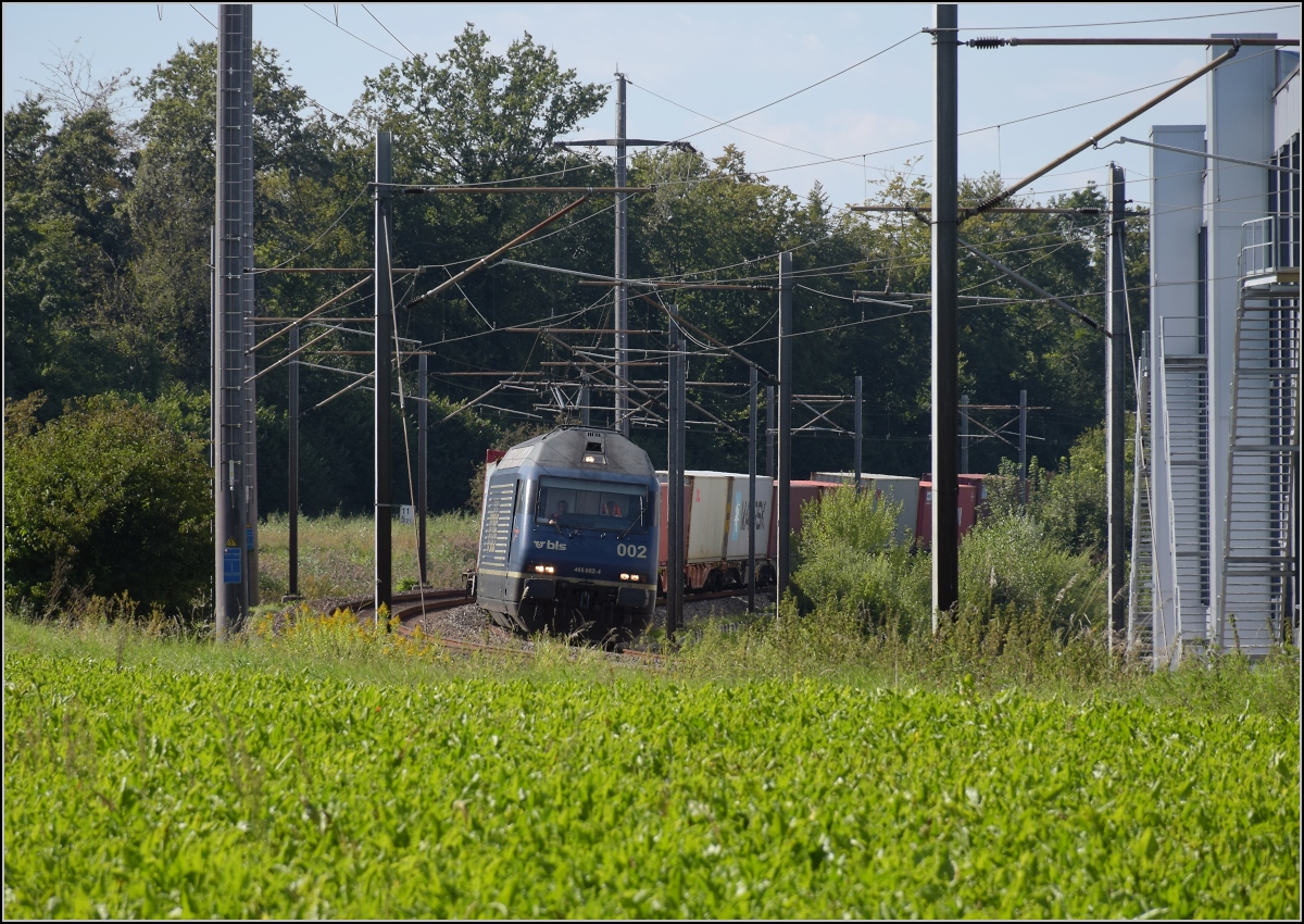 Re 465 002 mit einem G�terzug aus Singen bei R�mlang. September 2021.