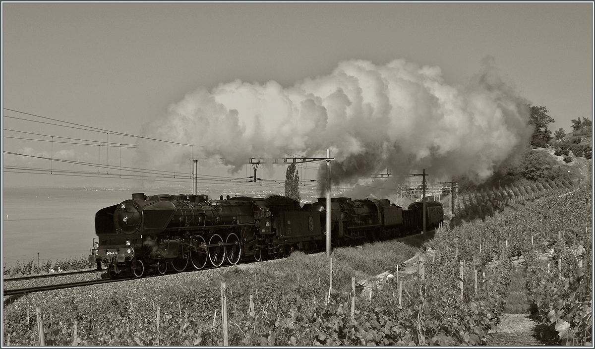 Zwischen Bossi�re und Grandvaux ziehen die SNCF 241-A-65 und eine weitere mit scheinbarer Leichtigkeit ihren Extrazug durchs Lavaux hinauf. 31. Mai 2009