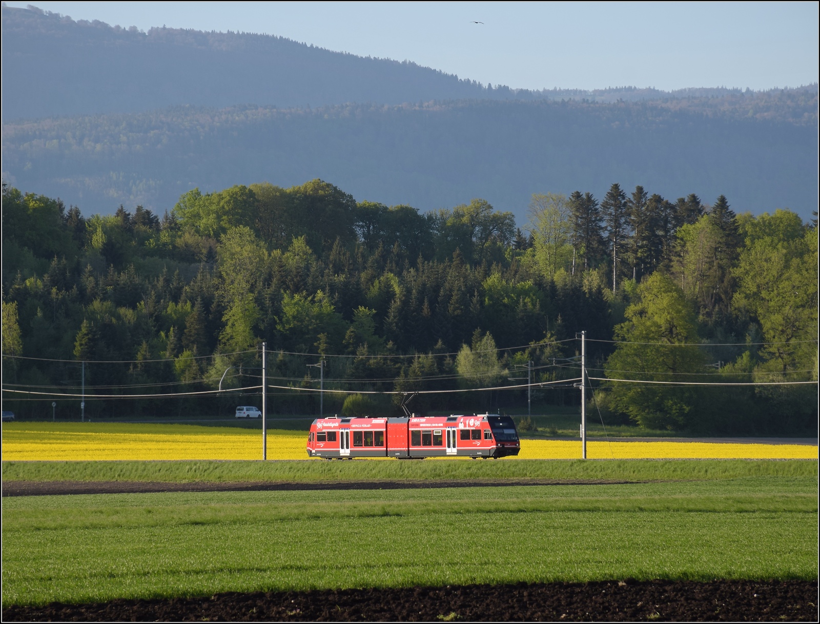 Auf der Biel-Täuffelen-Ins Bahn.

GTW Be 2/6 501 der ASm im Lüscherzer Moos. April 2022. Das dürfte in etwa an der  Umfallstelle  beim Sturm im März 2022 sein.