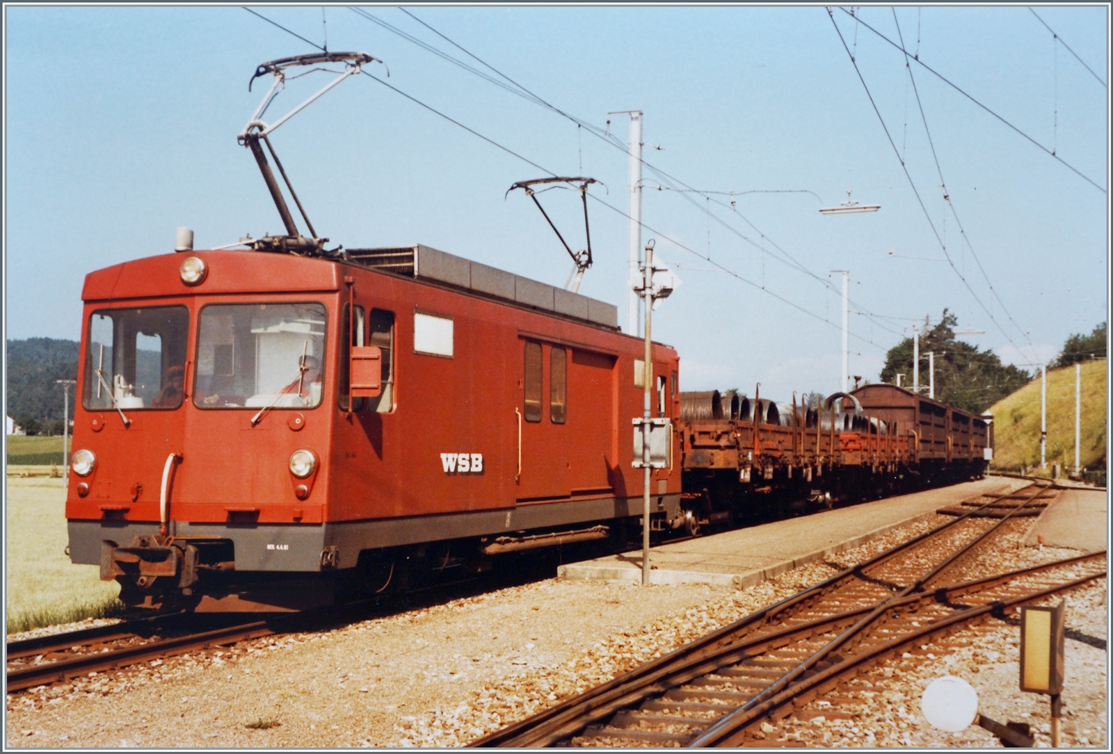 Der WSB De 4/4 44 ist mit zwei Rs und drei Tibs als Extrag�terzug 817 von Suhr G�tergleis nach Leimach unterwegs und hat Zetzwil erreicht.

18. Juli 1984
