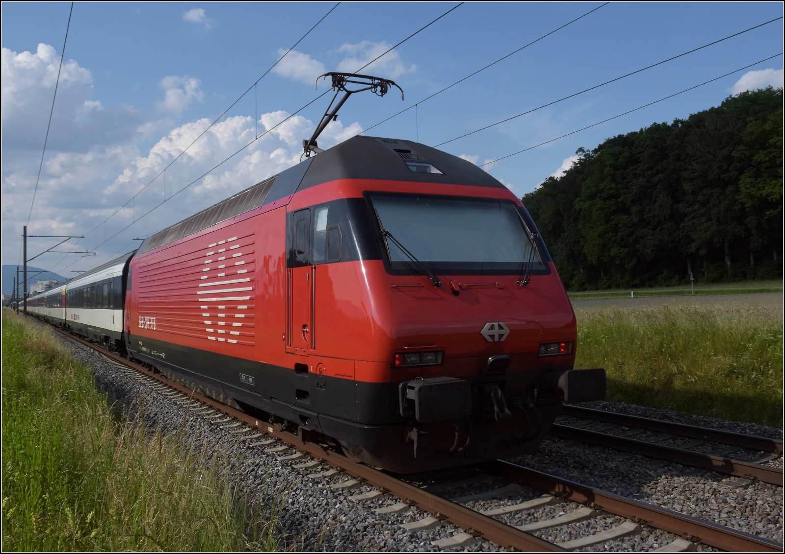 Fernverkehrstag auf der Altstrecke.

Re 460 098 'Rohrdorfer Berg/Reusstal' bei Bettenhausen. Juni 2023.