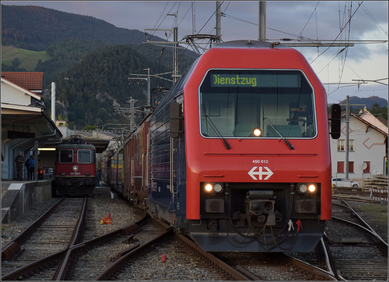 Grosses BoBo-Treffen in Balsthal: 60 Jahre Re 4/4 II in der Schweiz.

Die Re 450 012 'Schwamendingen' ist im Lokomotivenclub der BoBos eine Aussenseiterin. Sie ist als Triebkopf der Zürcher S-Bahn konzipiert und hat daher auch nur einen Führerstand und ein anderes Äusseres. Dahinter verstecken sich fast alle Re 4/4 II und die anderen teilnehmenden BoBo-E-Loks aus Schweizer Produktion. Die Wildsau Re 4/4 II 11239 'Porrentruy' durfte leider nicht mitmachen und grummelt auf dem Abstellgleis vor sich hin. Balsthal, September 2024.