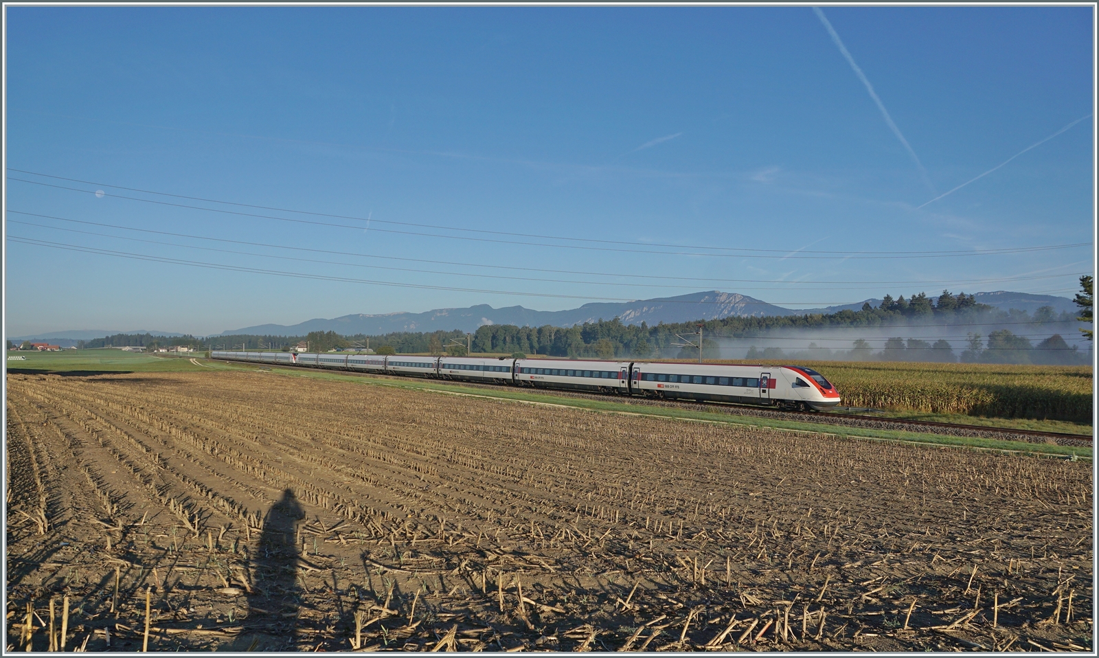 Zwischen Etziken und Bolken auf der ABS Solothurn - Wanzwil sind zwei ICN auf dem Weg von Genève-Aéroport nach Rorschach. Auf dem hier gezeigten Streckenabschnitt verkehren die Züge mit Vmax 200 km/h. 

12. Sept. 2022