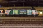 Die frisch revidierte Re 460 001 mit ebensofrischer Coop-Werbung in Konstanz geparkt.