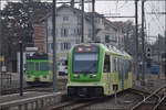 Aus Les Diablerets fährt Be 4/8 471 in Aigle ein. Links ist der Westschweizer Meterspurtriebwagen BDe 4/4 401 abgestellt, diese trugen die Hauptverkehrslast auf der ASD bis zur kürzlich erfolgten Ablösung durch die Be 4/8 aus einer Gemeinschaftsbestellung der Bahnen CJ, TransN und TPC. Januar 2026.