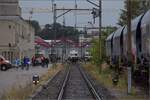 Depotfest Olten 2023. 

Der BCFZe 4/6 der BLS im funktionellen Design ist einer der Stars der Ausstellung, er f�llt auch von weitem auf. August 2023.
