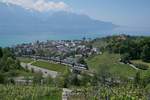 Der MOB GoldenPass PE 2118 in seiner neuen Form mit der Ge 4/4 8004 an der Spitze überquert auf seiner Fahrt von Montreux nach Zweisimmen bei Châtelard VD die Autobahn A9.