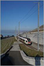 Zwei SBB RABe 523 verlassen Cully in Richtung Lausanne.