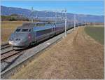 TGV Lyria unterwegs nach Paris in der weiten 180 Grad Kurve oberhalb von Arnex.