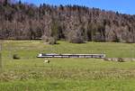 Ein NPZ-Domino strebt in friedlicher Jura-Landschaft dem Städtchen Renan im Jura Bernois zu.