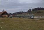 RABe 528 228 bei Häusern auf dem Weg nach Bern.