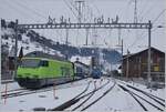 Der GPX 4068 mit der schiebenden BLS Re 465 011 verlässt Zweisimmen und fährt an der MOB Ge 4/4 8001 vorbei, welche den Zug von Montreux nach Zweisimmen brachte.