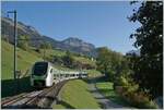 Der BLS RABe 528 112  MIKA  verlässt nach einem Bedarfshalt (für mich) Enge im Simmental und fährt nach Bern weiter.