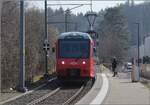 Sie dürfen bleiben: Mehrsystemtriebzug mit verschiebbarem Stromabnehmer Be 552 511 und dahinter Be 552 514 in Uitikon-Waldegg.