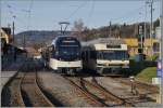 GTW im Wandel: Rechts der  Ur-GTW  Be 2/6 welchen die BTI (ASM) und die CEV MVR Ende der 1990er Jahre beschafft hatten, und links der neune Stadler GTW SURF ABeh 2/6 7501, welcher in naher Zukunft den