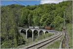 Nostalgie & Vapeur 2021 (Pfingstfestival) Die Blonay-Chamby Bahn Bernina Bahn Ge 4/4 81 ist  mit einem Personenzug von Blonay nach Chaulin unterwegs und überquert das Baye de Clarnes Viadukt.