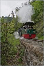 Festival Suisse de la vapeur (Schweizer Dampffestival 2023) - Die beiden kleinen Dampfloks G 2/2 N° 4  Rimini  und G 3/3 N° 5 mühen sich kurz nach Chaulin mit einem Zug in Richtung