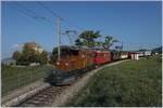 50 Jahre Blonay Chamby - MEGA BERNINA FESTIVAL: Das RhB Bernina Krokodil Ge 4/4 182 und der RhB ABe 4/4 35 sind mit dem Riviera Belle Epoque bei Châtelard VD unterwegs nach Montreux.