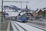 Die MOB Ge 4/4 8001 hält mit dem GolenPass Express GPX 4068 von Montreux kommend in Zweismmen.