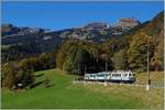 Die zwei historischen ASD Triebwagen BCFe 4/4 N� 1 und ASD BDe 4/4 N� 2 auf einer Sonderfahrt kurz nach Le S�pey.