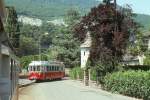 Sernftalbahn / Aigle-Ollon-Monthey-Champéry (AOMC): AOMC 113, der ehemalige Sernftalbahn-Triebwagen 7, in Monthey-Ville, 31.Juli 1975.