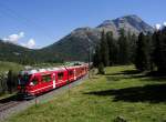 Zwischen den Bahnhöfen Morteratsch und Surovas ist R 1656 von Tirano kommend am 19.08.2012 unterwegs nach St.