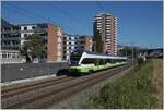 Durch die baubedingte, mehrmonatige Streckensperre zwischen Neuchâtel und La Chaux de Fond nicht mehr benötigten von der TransN gemieteten SBB RABe 523 verkehren teilweise im