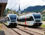St.Galler S-Bahn Linie S2 (Altstätten SG - St.Gallen - Nesslau Neu St.Johann): Zuhinterst an der Endstation Nesslau Neu St.Johann stehen vier GTW 2/6, sichtbar die 724 und 708.