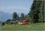 Ein kleiner Zug auf grosser Fahrt: Der RhB Bernina Bahn ABe 4/4 I N° 35 der Blonay Chamby Bahn ist mit dem Bernina Bahn As2 und dem MOB B4 N° 61 (beide auch Blonay-Chamby) als  Valrose