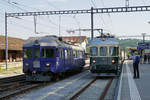 DSF: Ehemalige SOB Triebwagen am Triebwagen Treffen vom 1. August 2017 in Koblenz.
Zusammentreffen von VPM BDe 4/4 II 201 und Verein Tunnelkino Glaskasten ABe 4/4 11 in Koblenz Bahnhof.
Foto: Walter Ruetsch